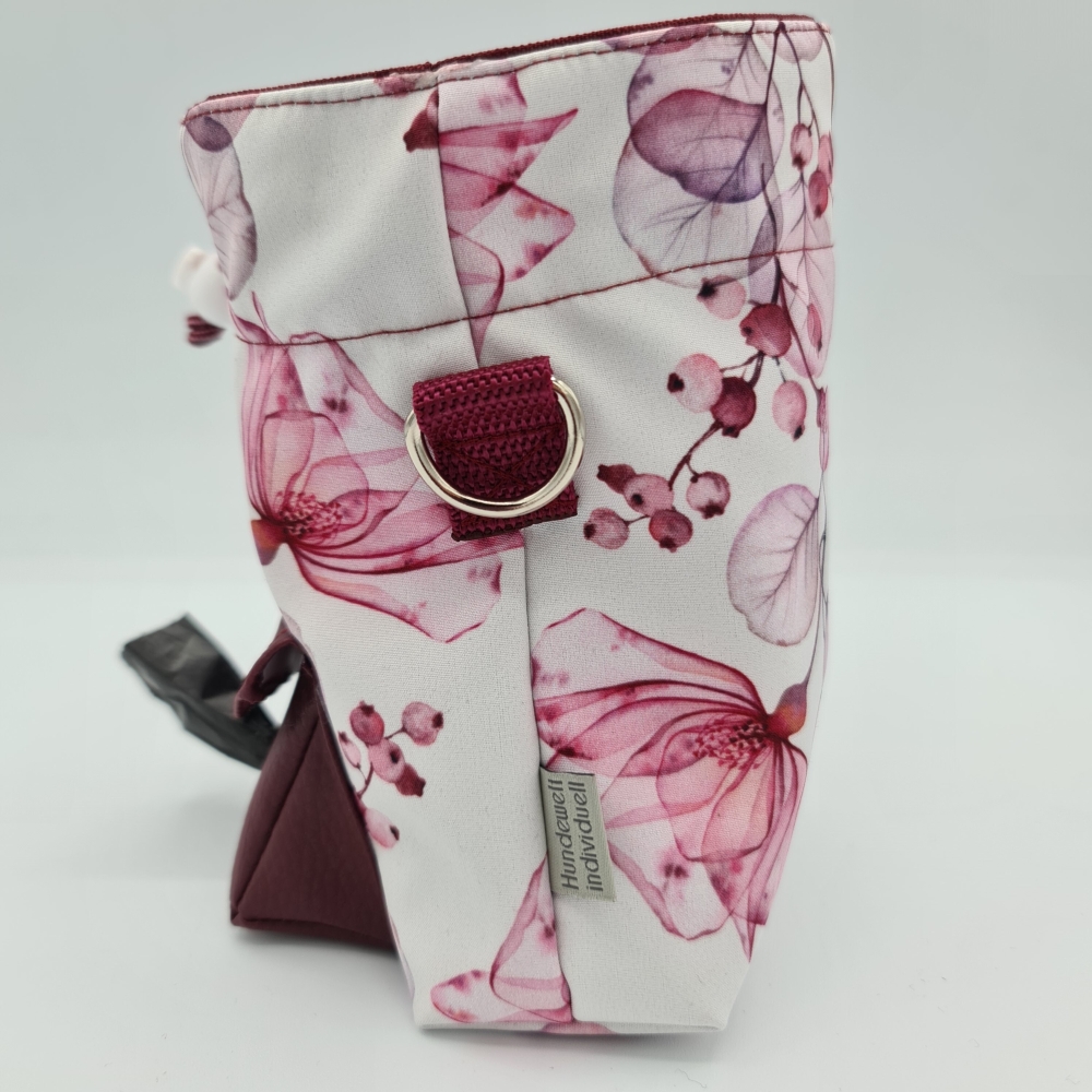 Futterbeutel zum umhängen weiß-bordeaux-rosa Blüten